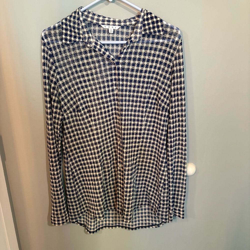 CAbi Black and White Button Down Shirt with Peter Pan Collar